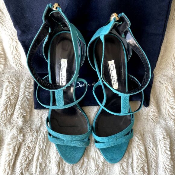 Oscar de la Renta Teal Blue Strappy Stiletto Heels Size 39 / US 8.5 - Picture 3 of 7